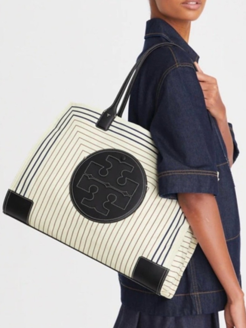 TORY BURCH Ella Stripes Cream Nylon Black Brown Leather Shopping Shoulder Tote